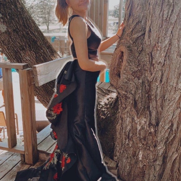 Sherri Hill Black Gown with Red Floral Accents - Picture 2 of 3